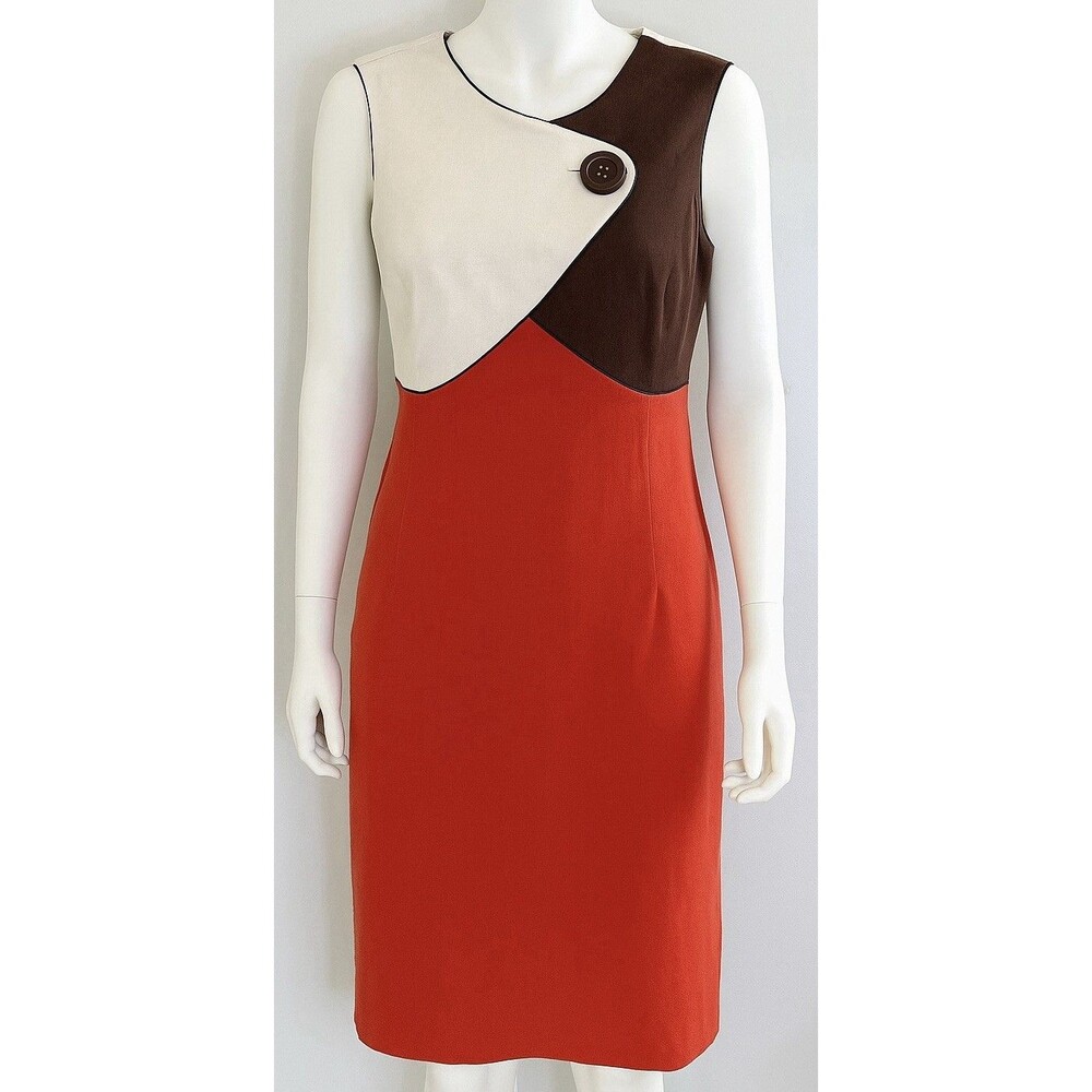 Donna Morgan Dress 14 Linen Colorblock Red Brown Cream Mod Sheath Retro